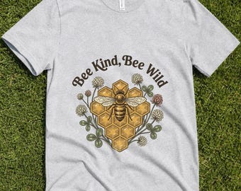 Bee Kind Bee Wild T-Shirt, Honeycomb Clover Cottagecore Nature Lover Graphic Tee, Vintage Botanical Queen Bee Shirt, Earthy Gift For Her