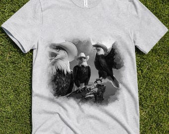 Cowboy Eagle T-Shirt, Patriotic Western Apparel, Bald Eagle Mountain Moon Graphic Tee, Rugged Americana Wildlife Shirt