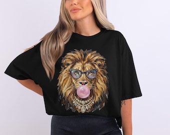 Sassy Lion T-Shirt, Bubble Gum Lion with Faux Jewel Necklace & Glasses, Unique Oil Paint Artistic Lion Graphic Tee, Bold Confident Woman
