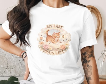 Funny Cat Lover T-Shirt - Whimsical Kitten, Cottagecore Floral Design, Vintage Watercolor Humor Tee