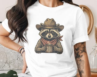 Raccoon Cowboy Coffee T-Shirt, Vintage Western Raccoon Graphic Tee, Woodland Creature Shirt
