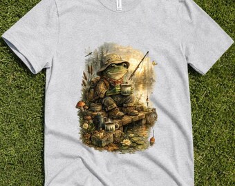 Cozy Frog Fishing T-Shirt | Cottagecore Goblincore Aesthetic Whimsical Woodland Nature Lover Gift Tee Vintage Illustration Frog Art Shirt