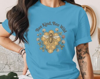 Bee Kind Bee Wild T-Shirt, Botanical Honeycomb Clover Graphic Tee