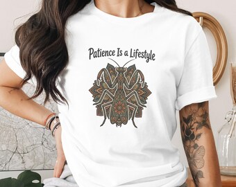 Boho Praying Mantis Mandala Tee, Zen Nature Graphic, Spiritual Insect Design, Slow Living, Mindfulness, Yoga, Mystical Aesthetic