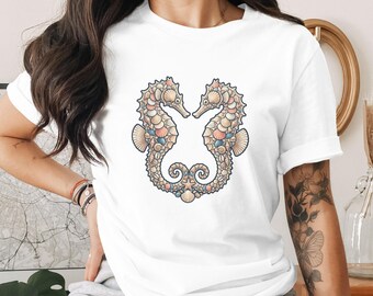 Seahorse Lover Gift Tee, Nautical Beach Shirt with Seashell Art Design, Unique Ocean Life Graphic T-Shirt