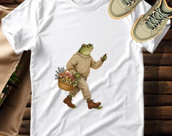 Cottagecore Frog Mushroom T-Shirt, Whimsical Academia Frog Tee, Vintage Style Forager Shirt, Cozy Toad Lovers Gift