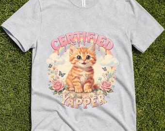 認定ヤーパー子猫Tシャツ：かわいい猫、パステルレインボー花柄グラフィックTシャツ