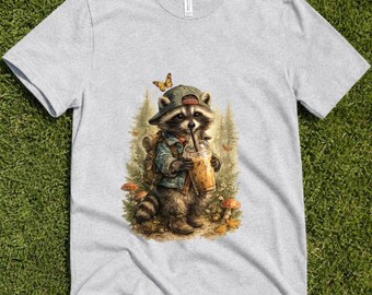 Raccoon Iced Coffee T-Shirt, Cute Forest Animal Tee, Cottagecore Raccoon Shirt, Nature Lover Gift, Whimsical Graphic Tee