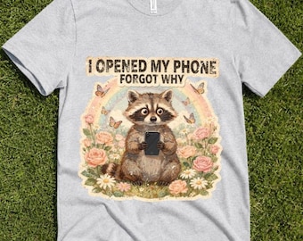 Raccoon T-Shirt, Funny 'Opened My Phone Forgot Why' Tee, Relatable Brain Fog Shirt, Whimsical Animal Meme Top, Cute Forgetful Gift