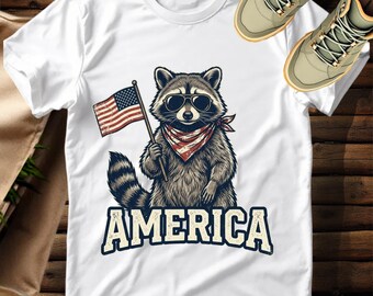 Patriotic Raccoon America Flag T-Shirt, Distressed Retro Animal Tee, 4th of July Outfit