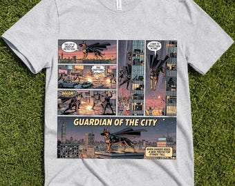 スーパーヒーローのジャーマンシェパードTシャツ、街の守護者コミックブック犬好きTシャツ、愛犬家のお父さんお母さんへの愛国的なペットヒーローシャツギフト