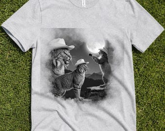 Western Bobcat Trio T-Shirt, Cowboy Cat Graphic Tee, Full Moon Wildlife Shirt, Unique Animal Lover Gift, Rustic Wild West Apparel