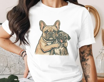 French Bulldog Pug Hugging T-Shirt | Vintage Dog Lover Graphic Tee