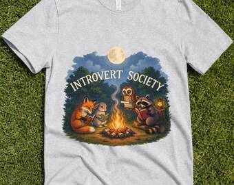 Introvert Society T-Shirt, Cozy Bookish Animals Reading by Campfire, Woodland Forestcore Tee, Reader Quiet Club Shirt