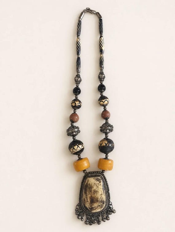 Artisian necklace mixed bead silver tone