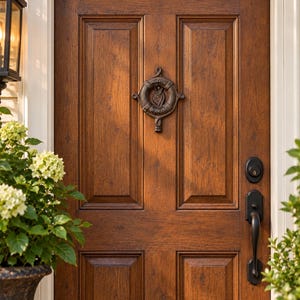 May include: A dark brown wooden door with a six-panel design features a circular metal door knocker shaped like a life preserver with a central anchor motif. The door includes a black handle set and a deadbolt lock, set within a white frame.