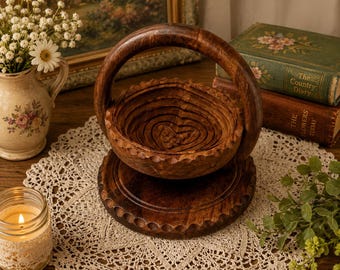 Vintage Hand Carved Wooden Accordion Basket | Expandable Folding Wood Basket | Scandinavian Style Fruit Basket |Rustic Handmade Wooden Décor