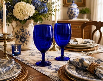 Vintage Cobalt Blue Wine Goblets | Set of 2 Blue Glass Stemware | Elegant Retro Water Goblets | Mid-Century Barware