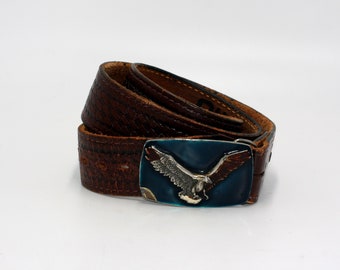 vintage brown leather biker belt with enameled eagle buckle The Great American Buckle 1978