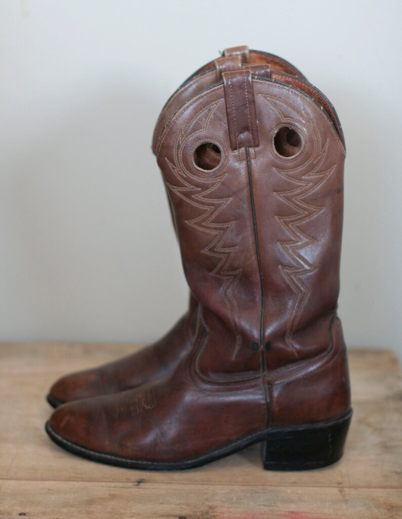 vintage men's brown leather cowboy boots by acme image 1