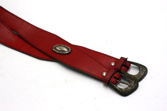 vintage red leather double belt with conchos made… - image 3