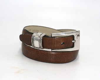vintage brighton brown leather belt/faux reptile/silver buckle/Size 30M