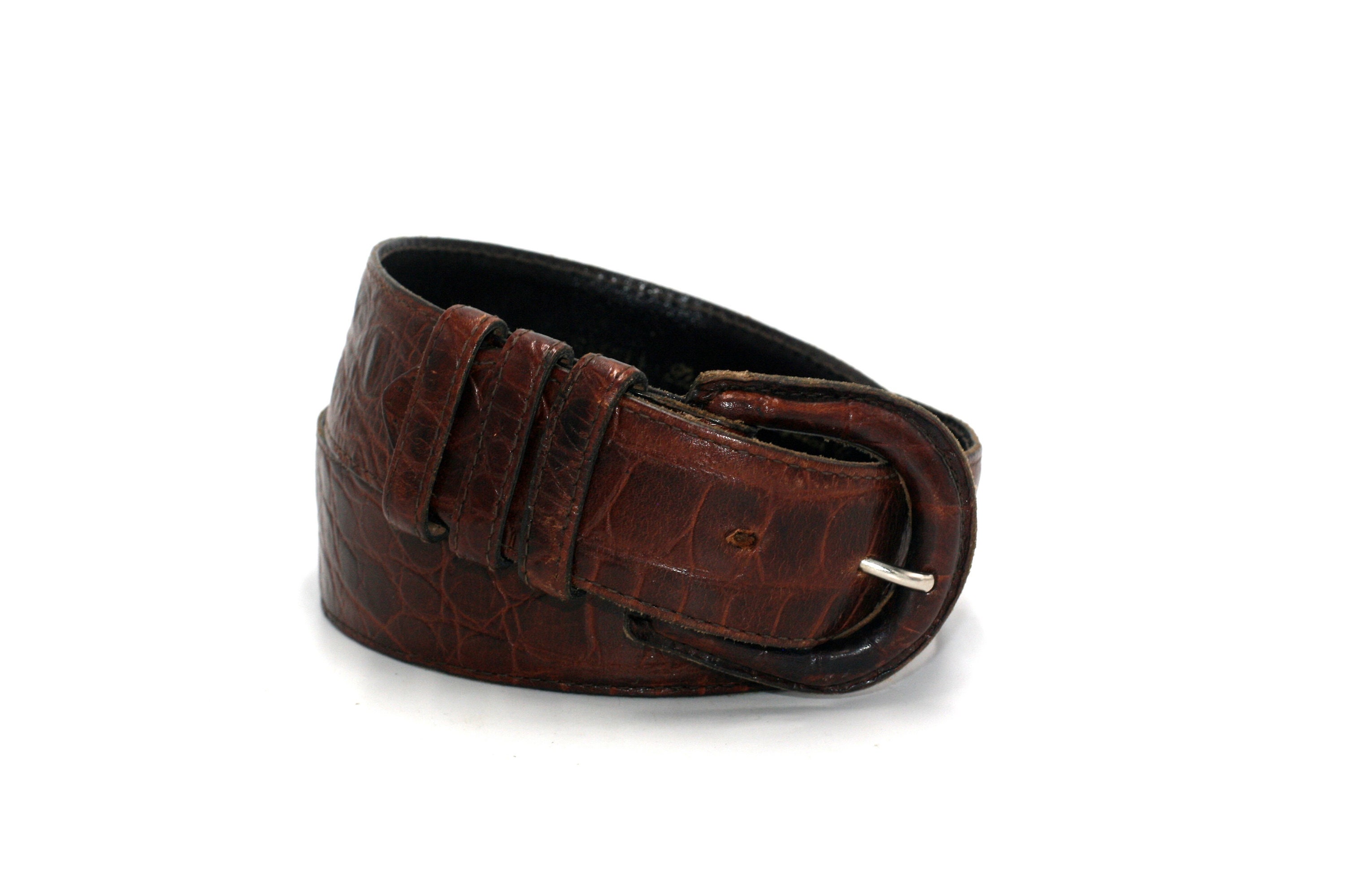 Vintage Cipriani Italian Alligator Calfskin Belt Brown Size S Cipriani Brown Italian Alligator Calfskin Belt Gold Buckle  main image 2