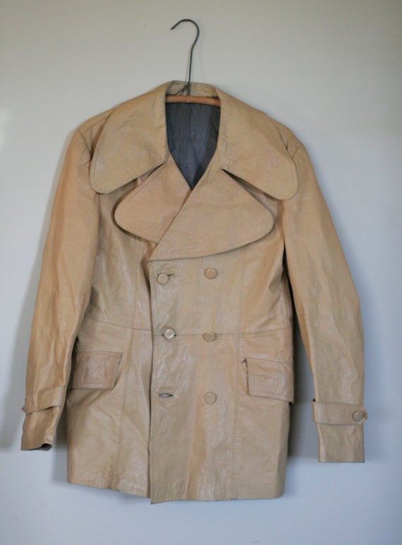 vintage tan leather jacket with large lapels mens… - image 1