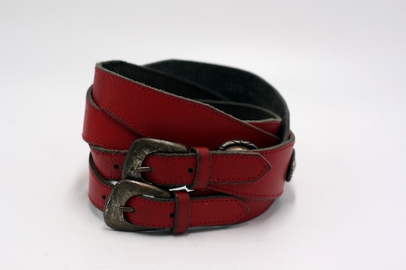 vintage red leather double belt with conchos made… - image 1