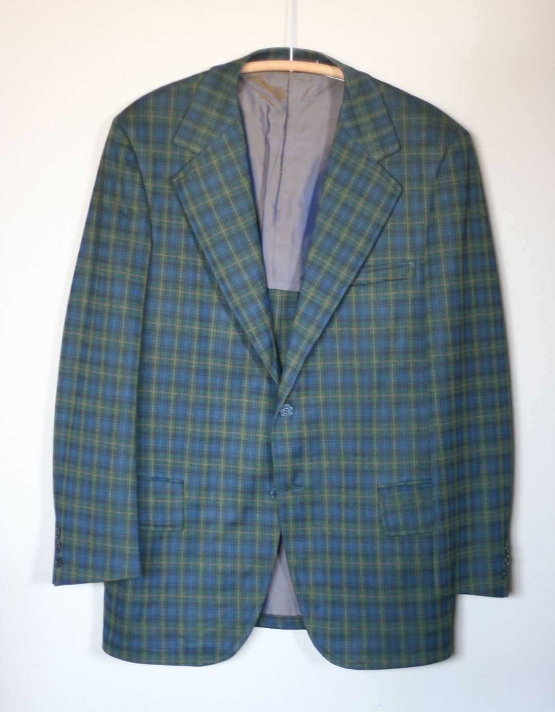 Vintage Polyester Sport Coat Men's Size 44/46 Blue Green Gold and Black