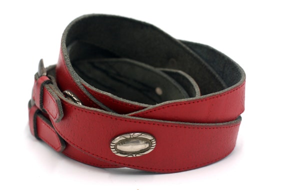 vintage red leather double belt with conchos made… - image 2