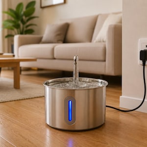 Op de afbeelding: Een cilindrische roestvrijstalen drinkfontein voor huisdieren met een centrale verticale tuit en een transparant waterpeilvenster dat wordt verlicht door een helderblauw LED-lampje. De fontein is verbonden met een zwarte stroomkabel.