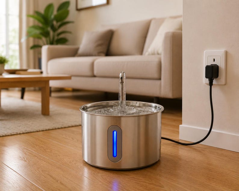 Op de afbeelding: Een cilindrische roestvrijstalen drinkfontein voor huisdieren met een centrale verticale tuit en een transparant waterpeilvenster dat wordt verlicht door een helderblauw LED-lampje. De fontein is verbonden met een zwarte stroomkabel.