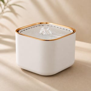 May include: A square white pet water fountain featuring a metallic gold rim along the top edge. The device has a perforated surface where water bubbles up from the center, creating a gentle flow within the basin for continuous water circulation.