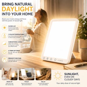 Pode incluir: Uma lâmpada de terapia de luz retangular branca com tela plana, apresentando botões de controle para energia, temperatura de cor, brilho e configurações de temporizador. O dispositivo exibe texto incluindo 15.000 LUX, 3 temperaturas de cor, 5 níveis de brilho e 6 configurações de temporizador.