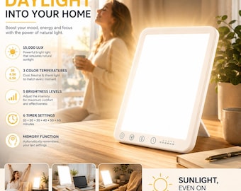 Lichttherapielampe 15000 Lux, SAD-Lichttherapielampe, UV-freie Sonnenlampe, einstellbare Helligkeit, 3 Farbmodi, Timer, für Zuhause und Büro