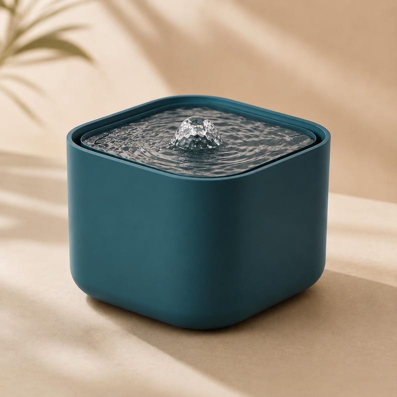 May include: A square, dark teal pet water fountain with rounded corners. The top surface features a central nozzle where water bubbles upward, creating concentric ripples across the surface of the clear water contained within the basin.