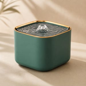 May include: A square-shaped pet water fountain with a matte dark green exterior and a metallic gold rim. The top surface features a central water spout that creates a gentle bubbling effect, with clear water filling the basin to the brim.