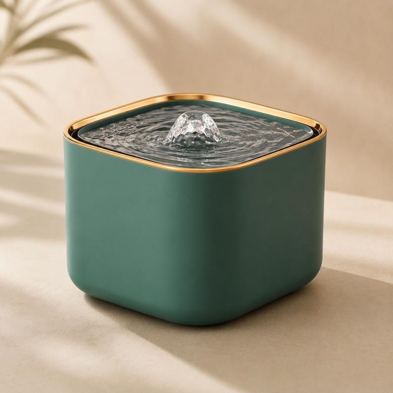 May include: A square-shaped pet water fountain with a matte dark green exterior and a metallic gold rim. The top surface features a central water spout that creates a gentle bubbling effect, with clear water filling the basin to the brim.