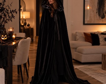 Black Red Hooded Cape, Halloween Cloak, Gothic Vampire Costume, Witch Cape, Medieval Fantasy Cosplay
