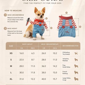 以下が含まれることがあります： 赤と白のストライプシャツ、青いオーバーオール、おもちゃのナイフを身につけたチワワのイラスト入り犬用コスチュームのサイズガイド。表にはXSからXLまでの背丈と首回りがセンチメートルとインチで記載されています。