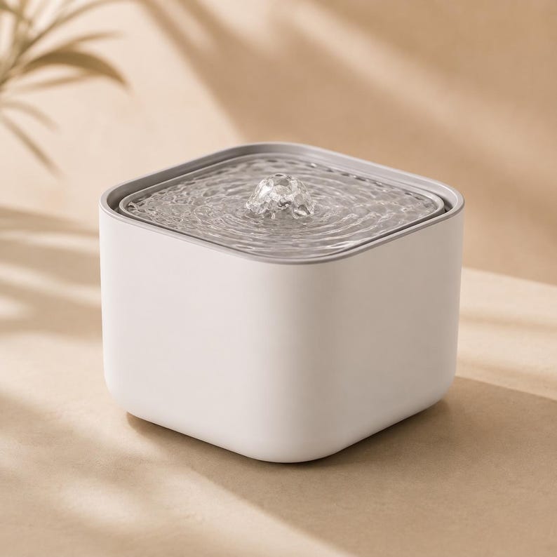 May include: A square-shaped pet water fountain with a matte white exterior and a grey top rim. The device features a central nozzle that creates a gentle, bubbling water flow on the surface, providing a continuous stream for hydration needs.