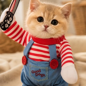 面白いチャッキーのペット用コスチューム、犬と猫のハロウィン衣装、ホラー子犬用コスチューム、ペットへのキュートで怖いコスプレギフト 画像 2