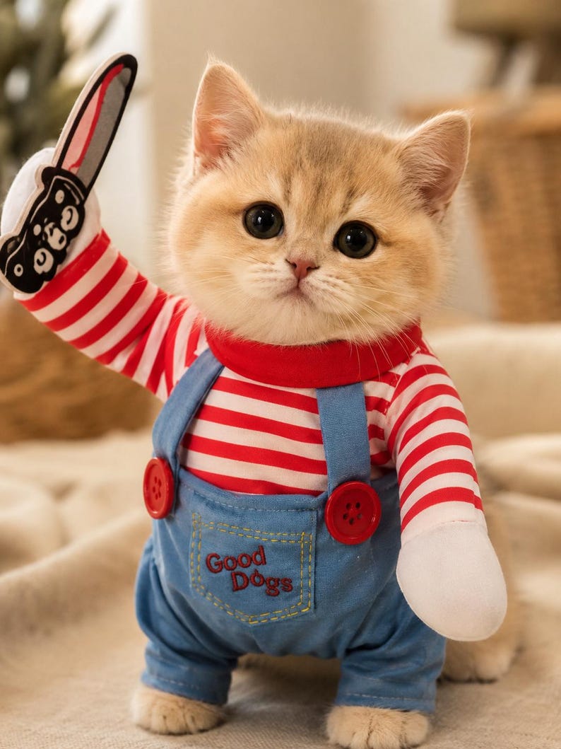 面白いチャッキーのペット用コスチューム、犬と猫のハロウィン衣装、ホラー子犬用コスチューム、ペットへのキュートで怖いコスプレギフト 画像 2
