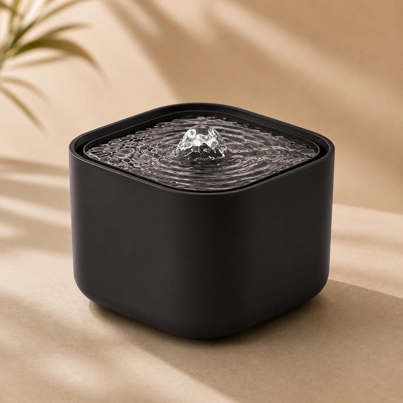 May include: A square matte black pet water fountain with rounded corners. The top surface features a central water spout creating a gentle bubbling effect with concentric ripples spreading across the clear water basin contained within the dark frame.