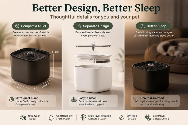 May include: A square black pet water fountain measuring 17.8cm by 17.8cm by 13cm, featuring a quiet pump, multi-layer filtration, and a detachable design for cleaning. The text reads Better Design, Better Sleep, Compact & Quiet, Separate Design, and Ultra-quiet pump.