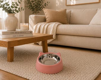 Erhöhter Katzennapf, geneigter Katzennapf, Katzennapf aus Edelstahl, schnurrhaarfreundlicher Futter- und Wassernapf, niedlicher Katzennapf