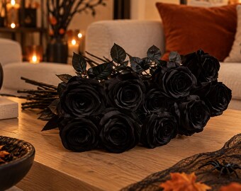 Halloween Black Roses Bouquet, Gothic Halloween Decor, Artificial Black Flowers, Spooky Floral Arrangement, Dark Home Decor