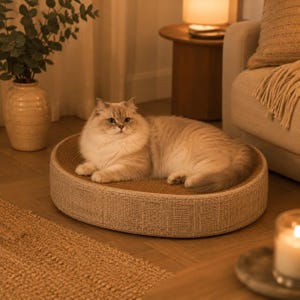 Klösbädd i sisal, klösbädd för katt, modern kattbädd, slitstarka kattmöbler, klösunderlag i kartong