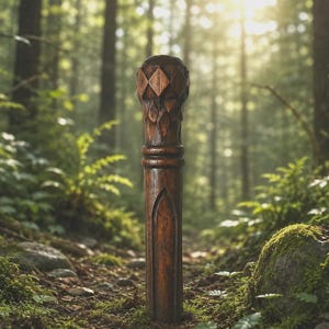 May include: A dark brown wooden staff featuring a carved, rounded top with a diamond-shaped pattern and a smooth, cylindrical shaft with a vertical arched groove detail near the base, standing upright with a polished, natural wood grain finish.